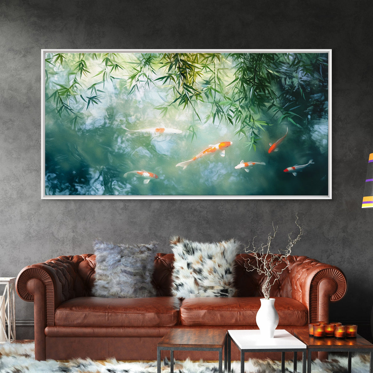 Koi Fish Swimming In a River Framed Canvas Print - Minimalist Art Wabi Sabi Style Home Decor