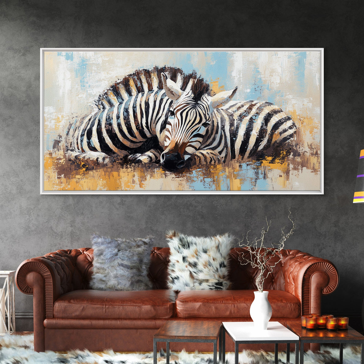 Zebra Having a Nap - Framed Canvas Print - Ready to Hang - Zebra Painting - Animal wall art - Safari Art