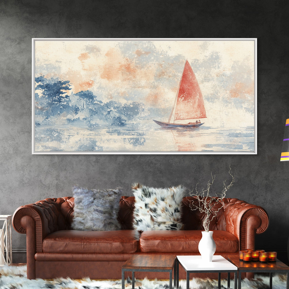 Sailboat sails at Dawn Framed Canvas Print - Nautical Decor - Coastal Decor - Neutral Seascapes Painting - Modern Wall Art