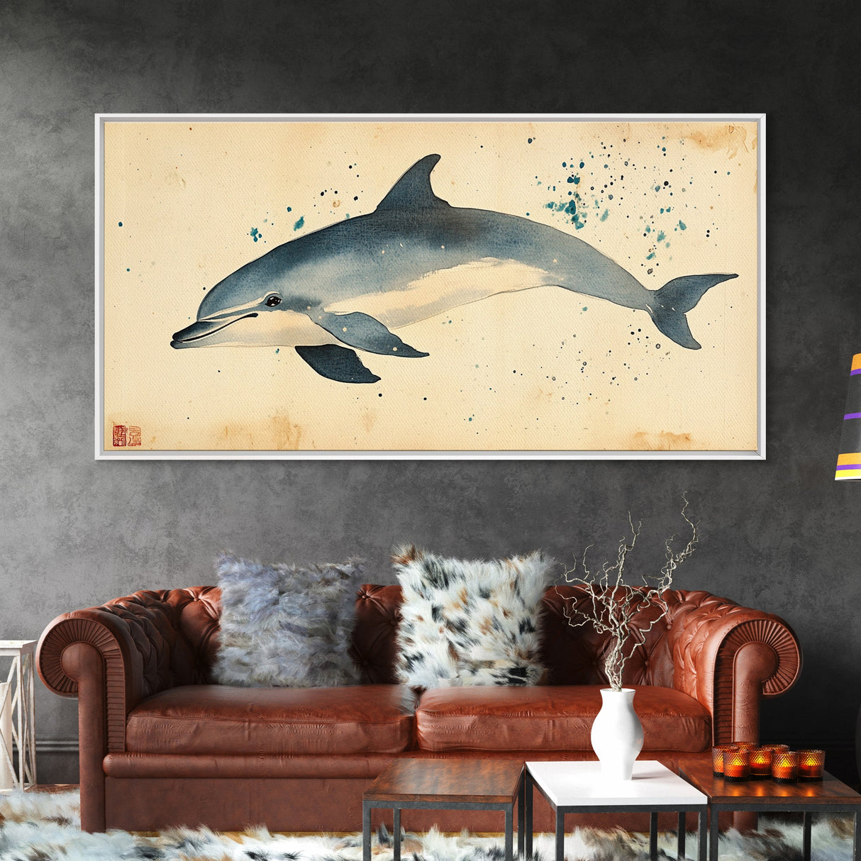 Retro Minimalist Dolphin Painting, Dolphin Home Decor, Framed Canvas Print, Nautical Decor, Elegan Japanese Style Artwork, Wabi Sabi Art