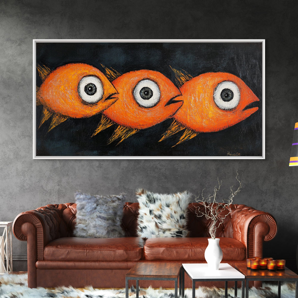 Retro 19th Century Folk Art Canvas Print, Funny Gold Fish Painting, Folk Art Painting, Whimsical Wall Art, Gold Fish Wall Art