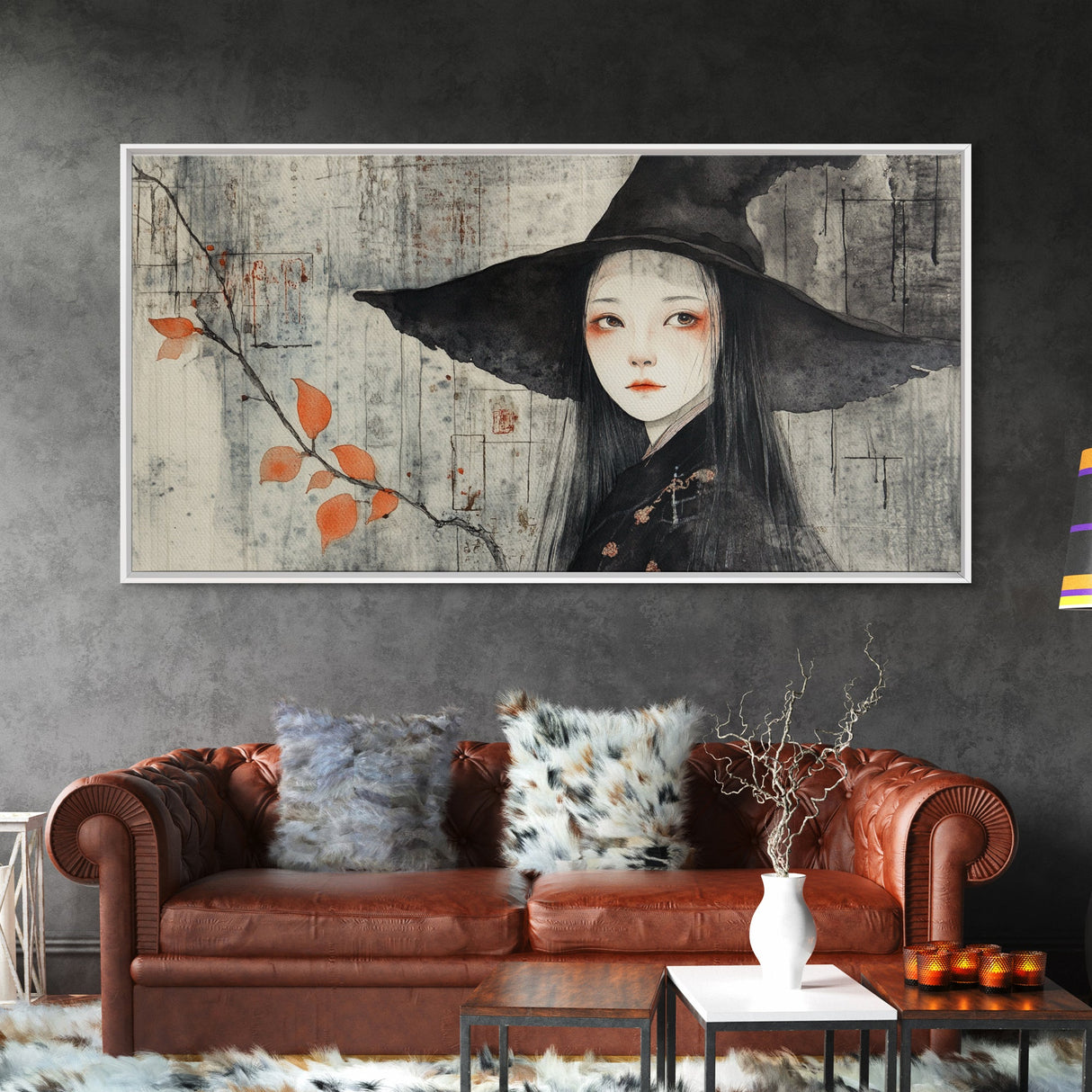 Wabi Sabi Japanese Witch Portrait - Framed Canvas Print - Wood Framed Art - Japanese Style Witchy Wall Art