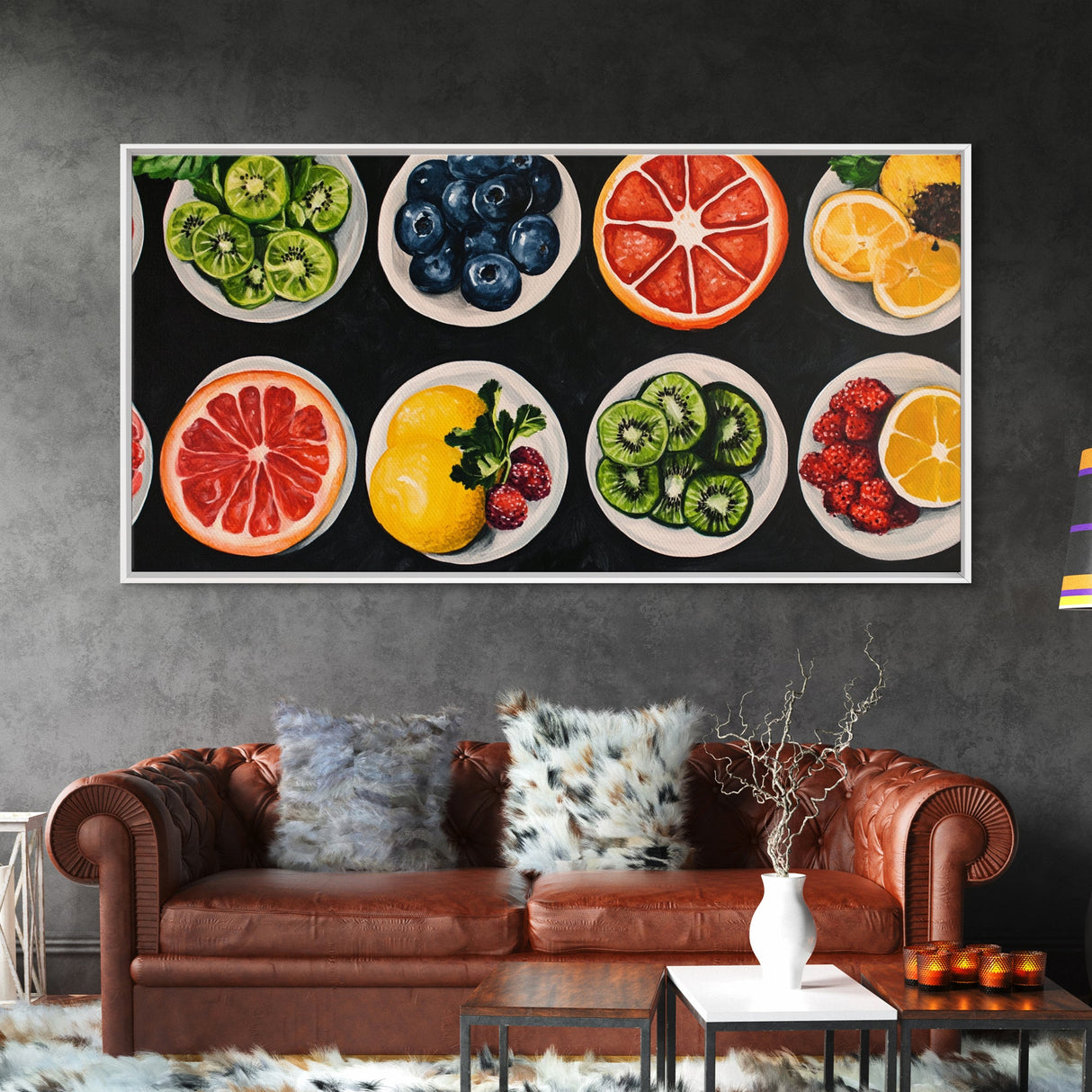 Fruit Basket Painting Canvas Print, Modern Fswmrhouse Kitchen Wall Art, Vintage Fruit Art For Dining Room Framed and Ready To Hang