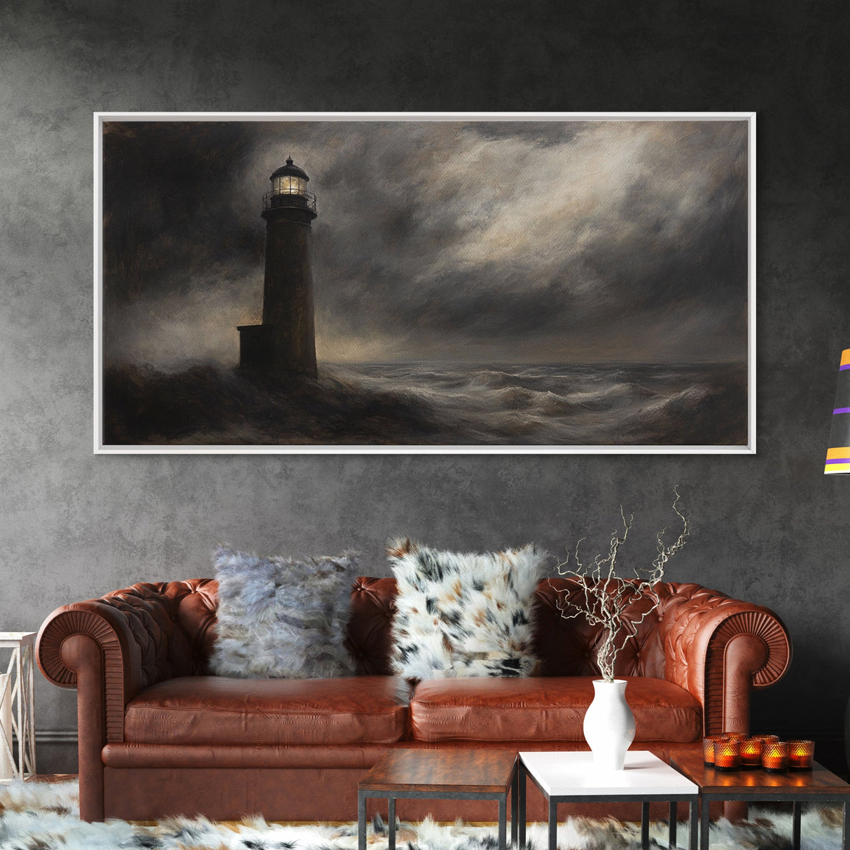 Moody Lighthouse Painting Print, Nautical Home Decor, Lighthouse Oil Painting Canvas Print, Dark and Moody Home Decor