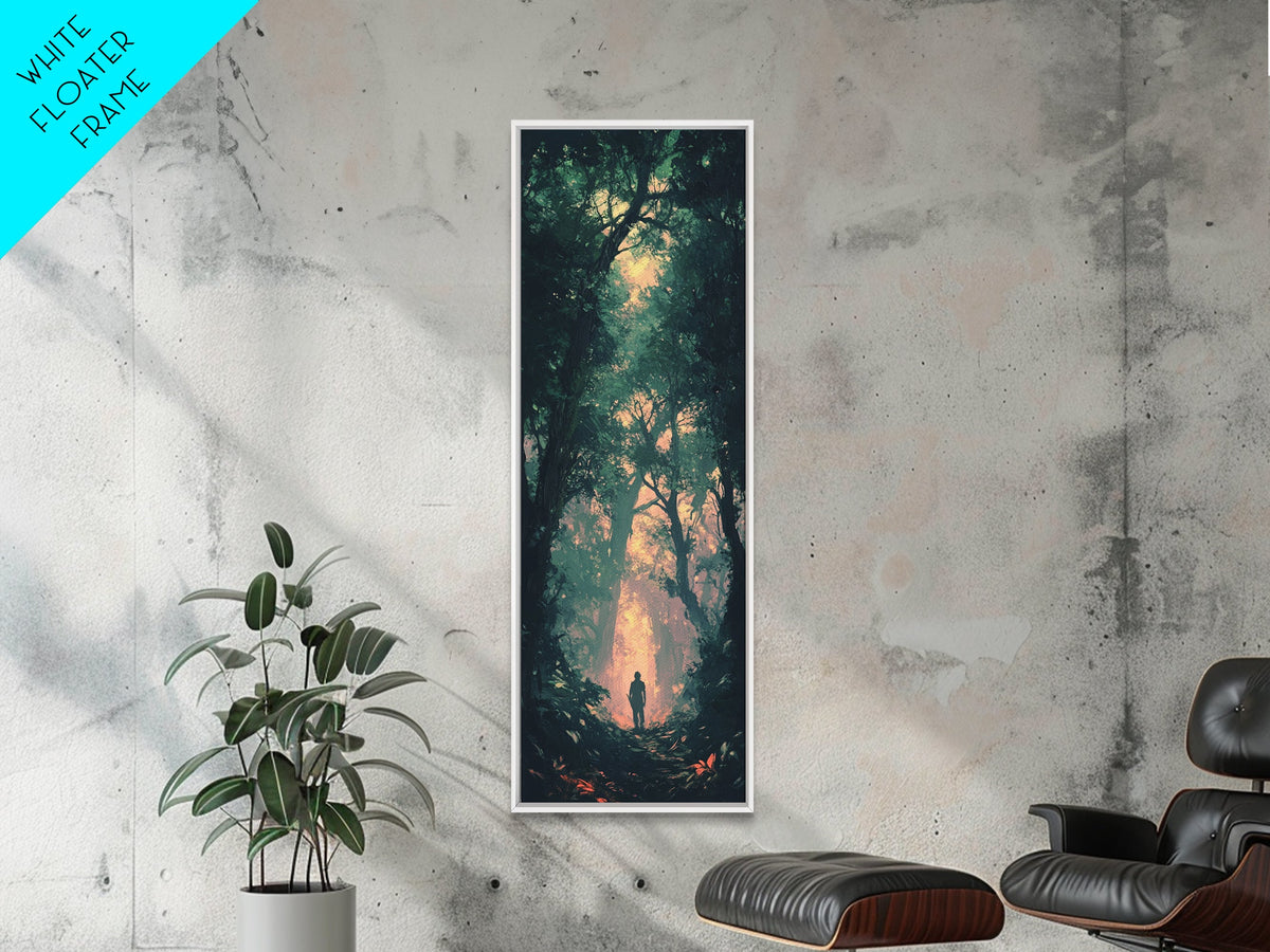 Forest at Dusk Painting Framed Canvas Print Long Narrow Wall Art, Rustic Decor Above Couch Art, Tall Skinny Art Gift Idea Christmas