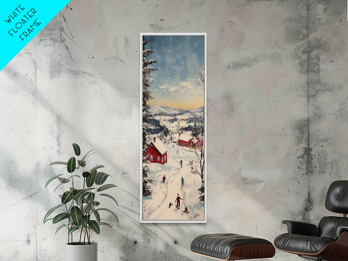 Snowy village painting peaceful Christmas scene framed canvas print, winter wonderland town, cozy holiday decor wall art gift idea