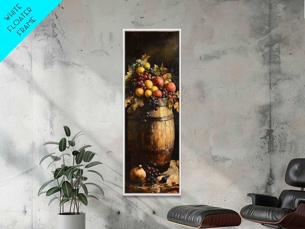 Still Life Oil Painting Print of Fruit and a Wine Barrel, Wine Room Art, Wine Cellar Art, Bar Decor, Tall Skinny Art, Skinny Vertical Art