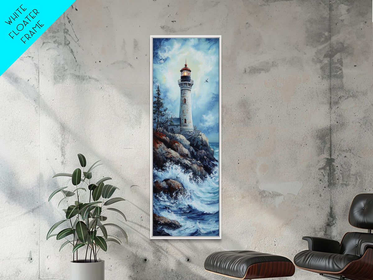 Framed Canvas Print Lighthouse Coastal Decor Nautical Painting Moody Art Ideal Tall Skinny Wall Art Living Room Above Sofa Coastal Painting