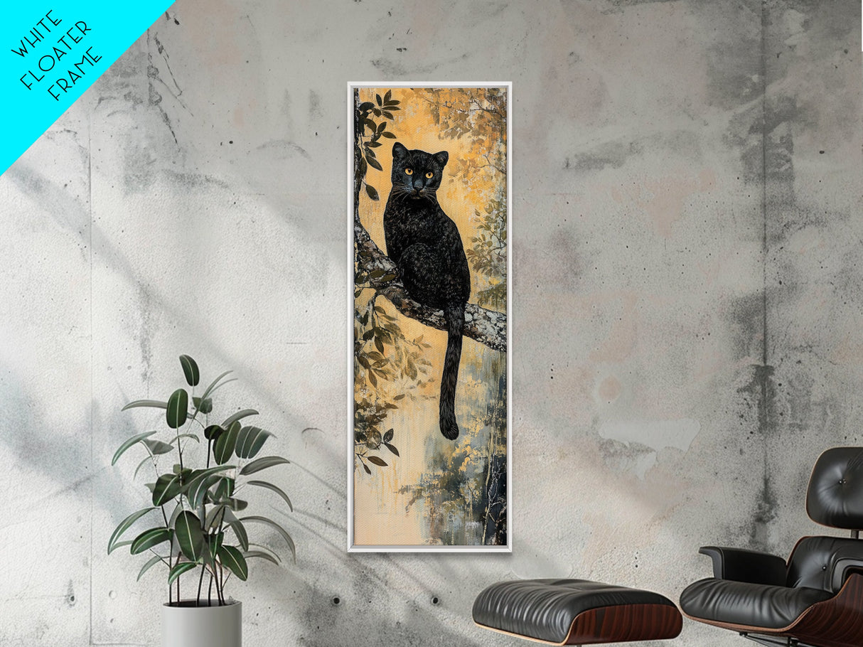 Framed Canvas Print of Black Panther on Tree Branch, Fall Animal Art, Boho Decor, Rustic Nature Art, Tall Skinny Wall Art, Living Room Piece