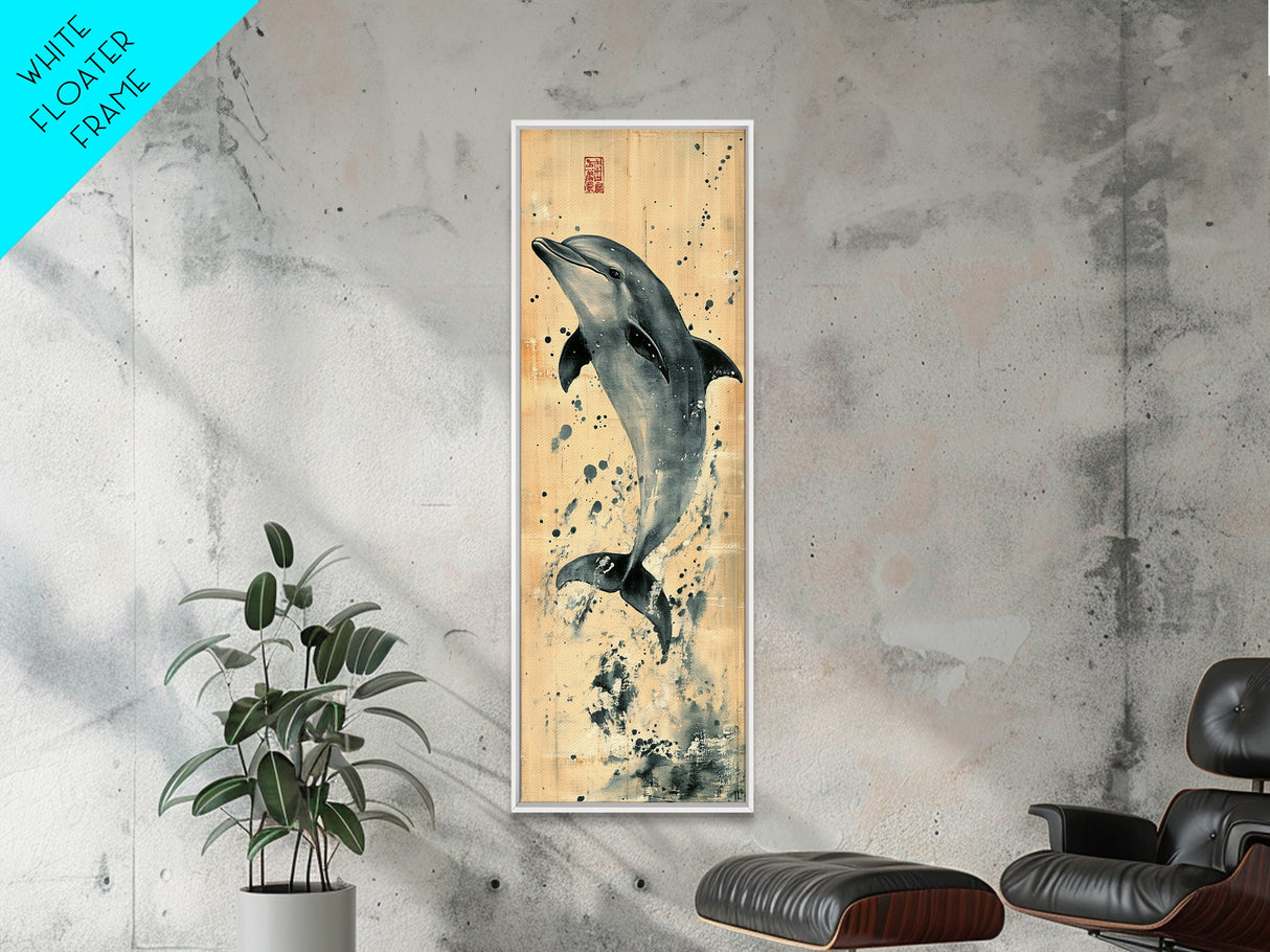 Framed Canvas Print Rustic Dolphin Art Coastal Decor in Nautical Theme, Minimalist Coastal Wall Art, Beach Living Room or Guest Room Decor