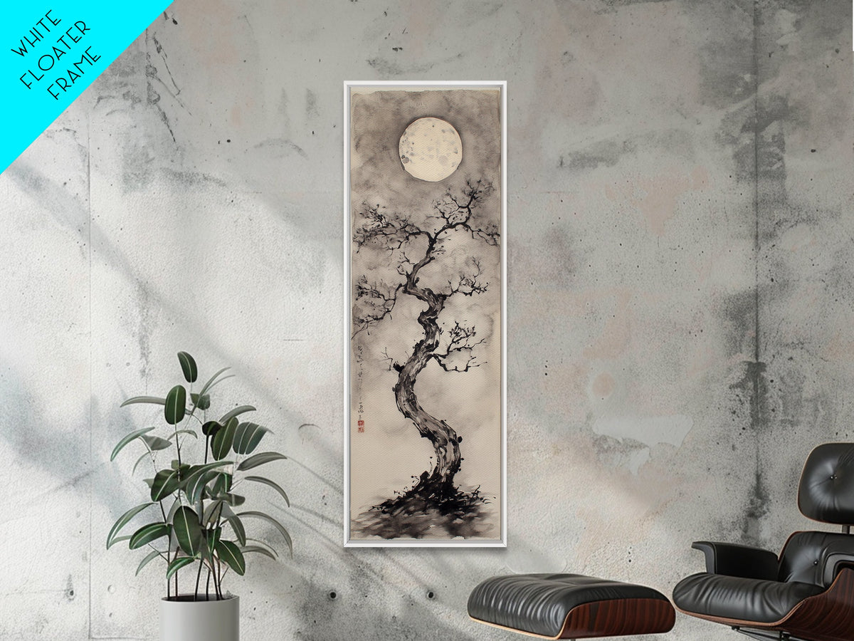 Canvas Print Moon and Tree Painting, Mystical Wabi Sabi Wall Art, Japanese-Inspired Rustic Decor, Above Bed Wall Art Gift Him
