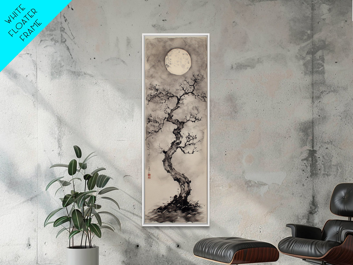 Canvas Print Moon and Tree Painting, Mystical Wabi Sabi Wall Art, Japanese-Inspired Rustic Decor, Above Bed Wall Art Gift Him