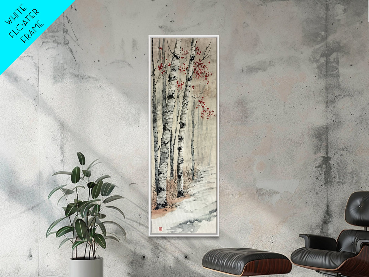 Winter Birch Forest Canvas Print – Wabi Sabi Art, Skinny Wall Art, Moody Winter Scene, Birch Tree Painting, Minimalist Art, Bedroom Wall Decor