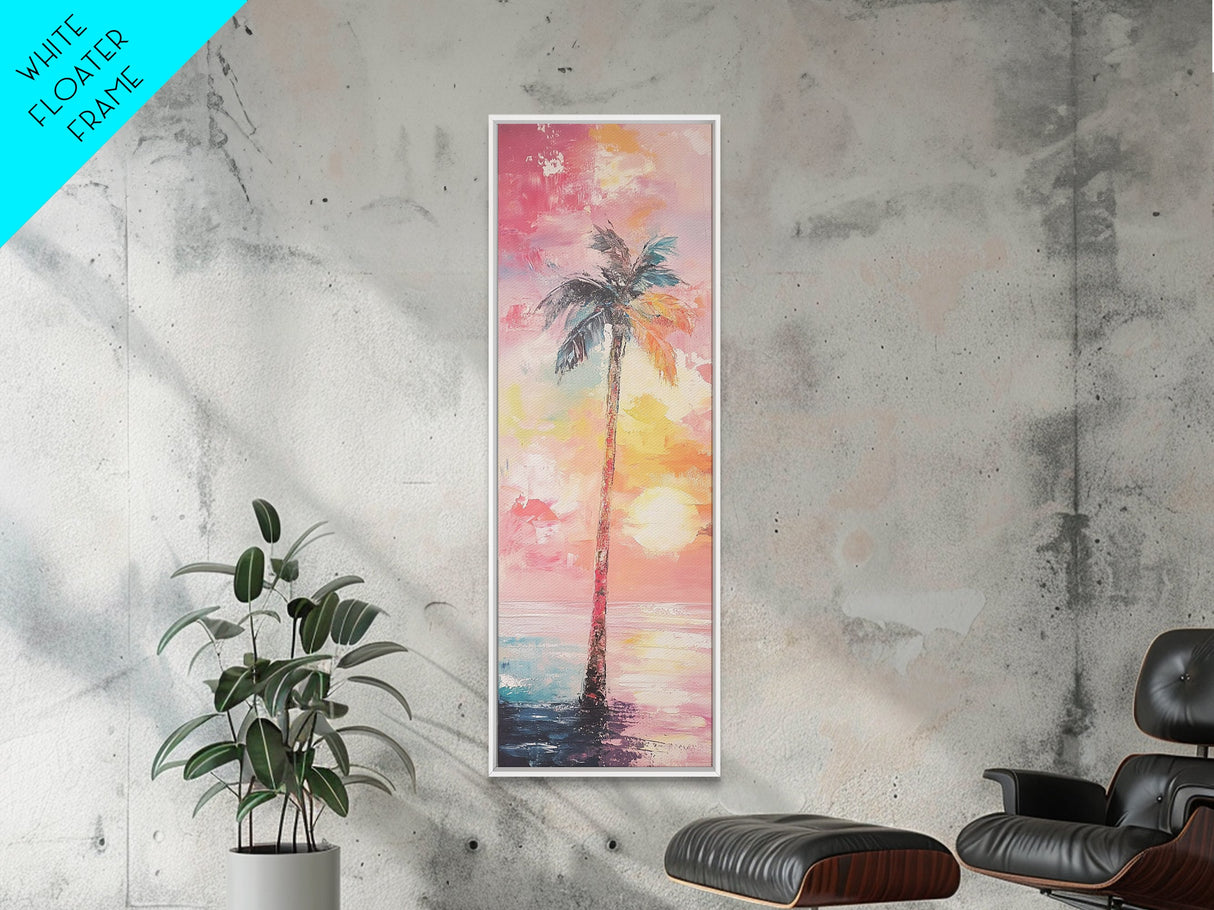 Palm Tree at Sunset Framed Canvas Print, Coastal Oil Painting, Coastal Decor, Tall Narrow Art, Accent Piece Wall Art, Coastal Landscape Art