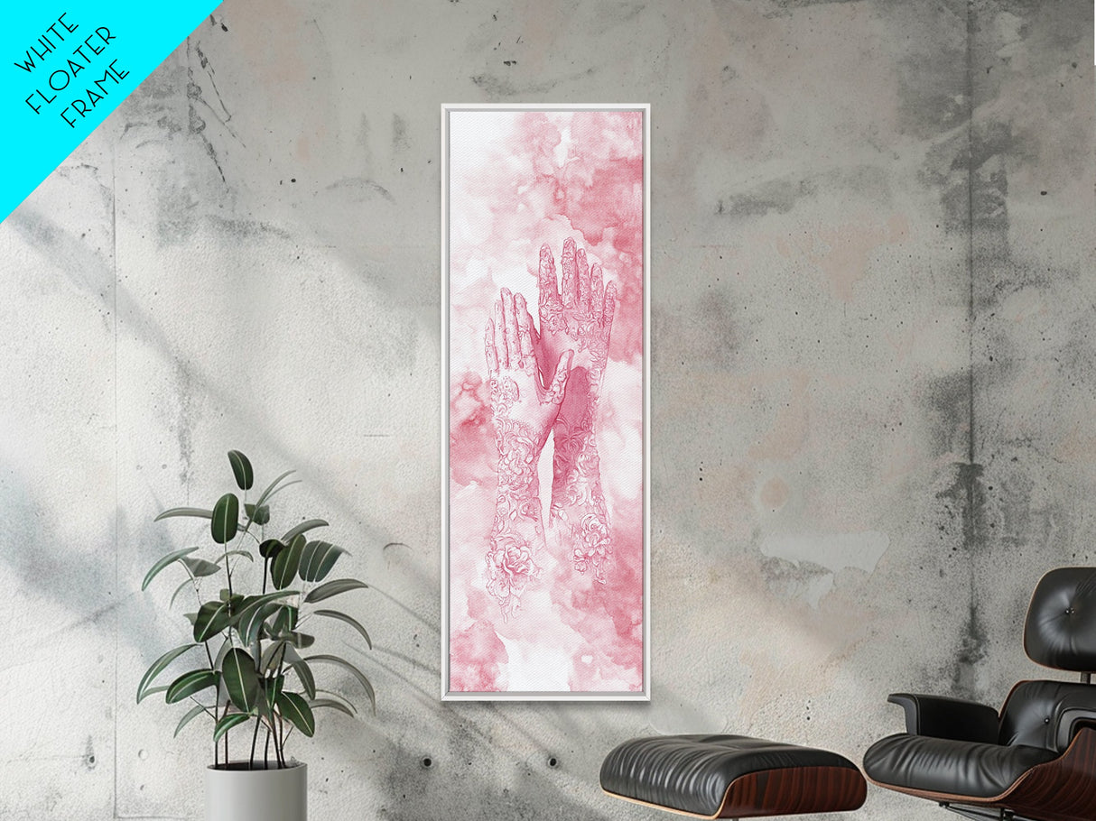 Elegant Mehndi Hand Art Framed Canvas Print - Light Pink Wall Art, Botanical Prints, Whimsical Art, Yoga Art, Gift Idea Her, Bedroom Decor