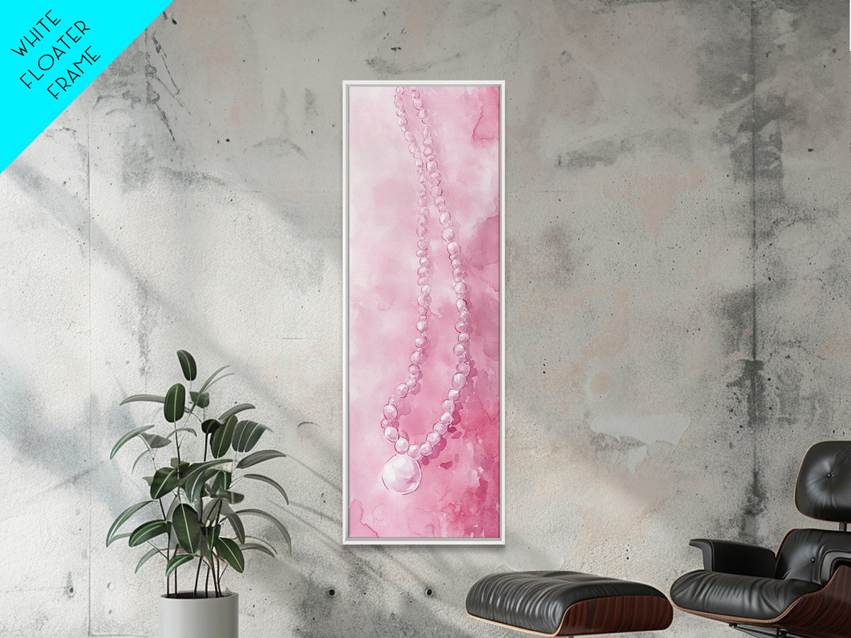 Elegant Pearl Necklace Canvas Print Whimsical Art Long Narrow Wall Art Pink Abstract Art Gift Idea Decorative Jewelry Painting Vertical
