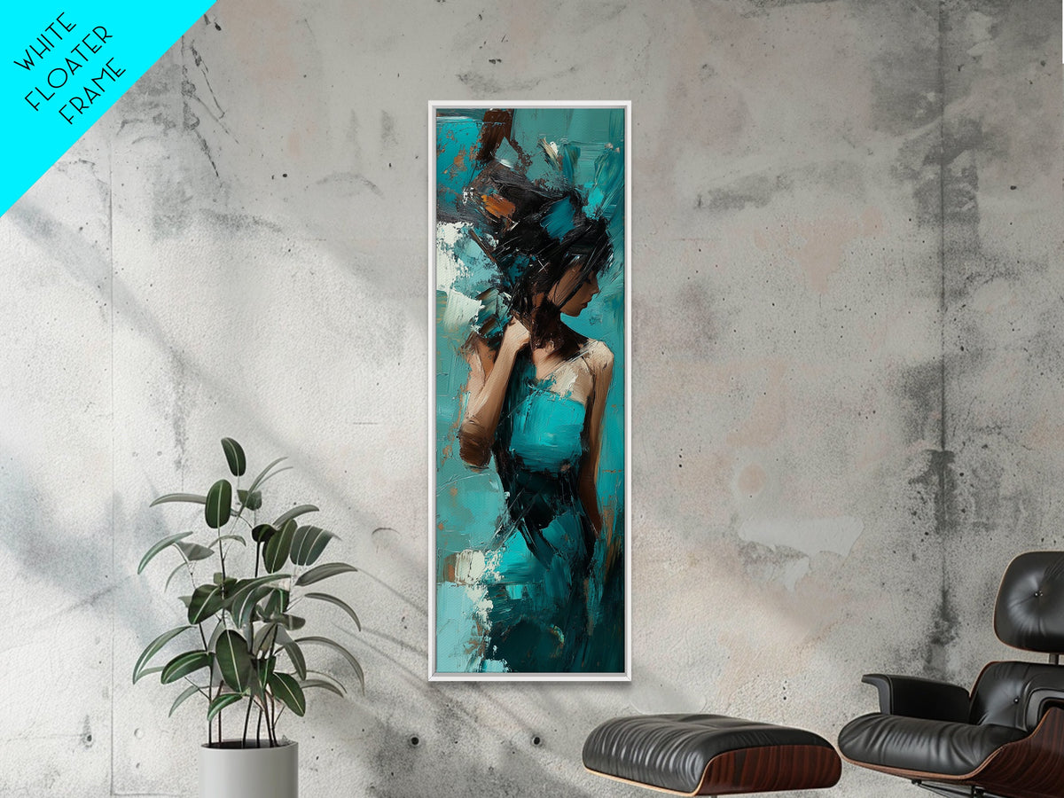 Moody Woman Framed Canvas Print in Teal, Dark Romance Painting, Moody Art, Living Room Art, Gift Idea, Vertical Wall Art