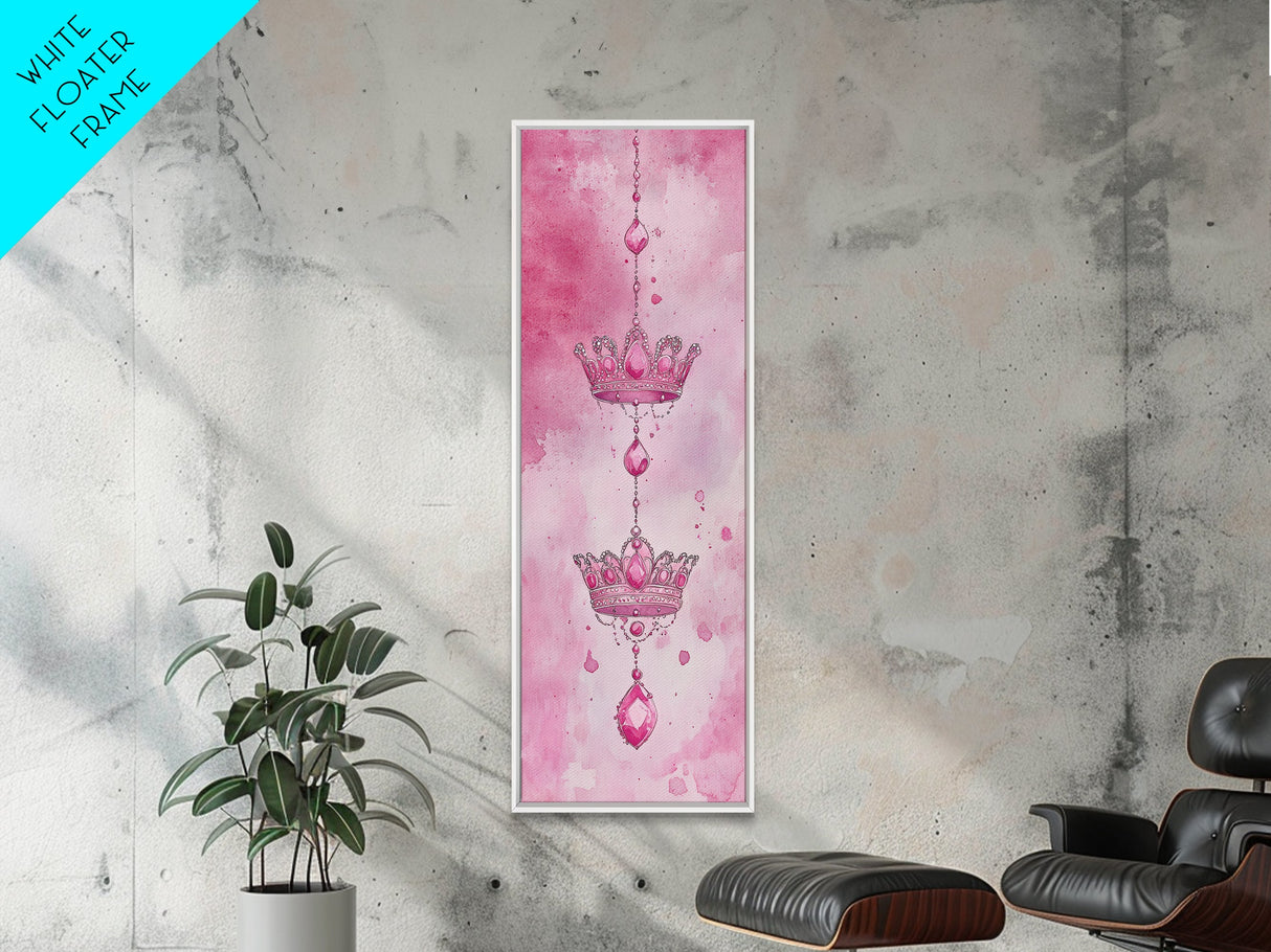 Regal Crown Gem Painting Framed Canvas Print Featuring Pink Abstract Art with Sparkling Gemstone Accents for Whimsical Wall Art Spaces