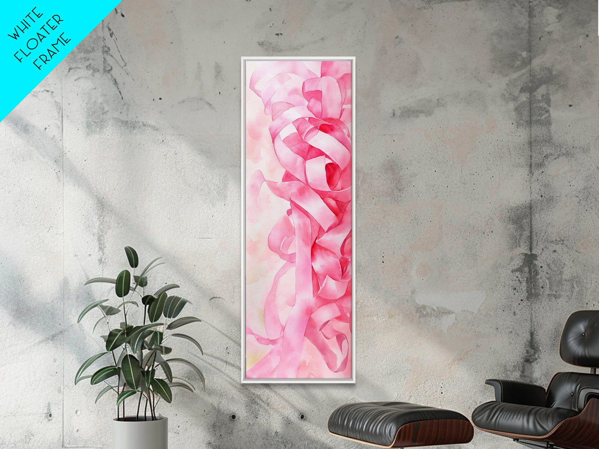 Pink Ribbons Canvas Print Abstract Feminine Wall Art Whimsical Vertical Decor Skinny Boho Gift Idea Light Pink Aesthetic