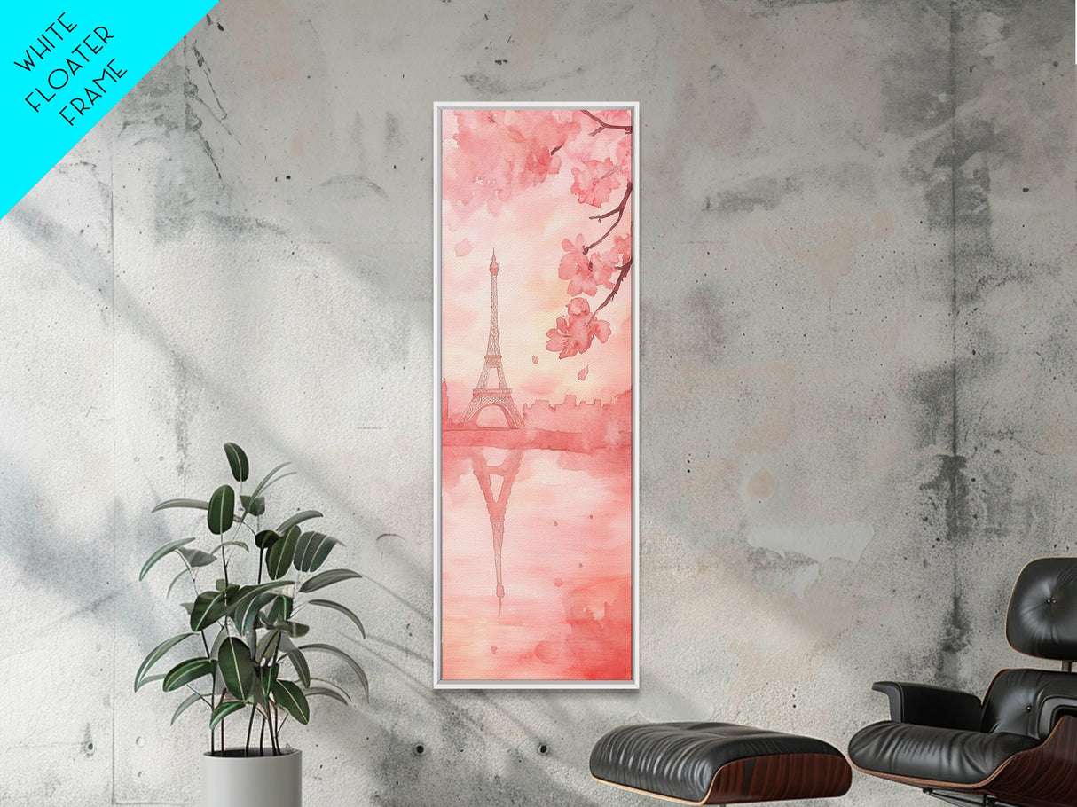 Eiffel Tower Reflection Pink Cherry Blossom Canvas Print Paris Wall Art Romantic Landscape Long Narrow Above Bed Vertical Art