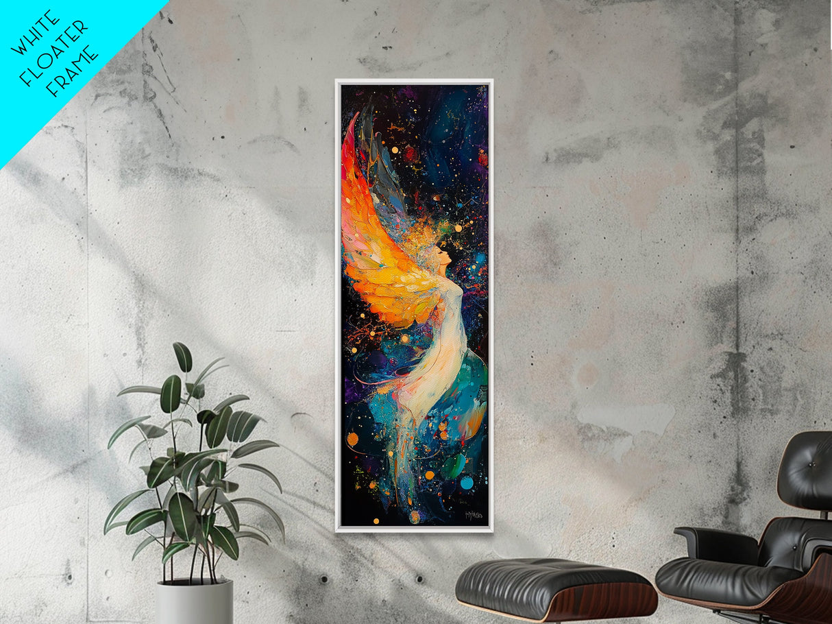 Abstract Angel Framed Canvas Print with Vibrant Colors, Phoenix Metal Art, Long Narrow Wall Art, Living Room Art, Vertical Wall Art