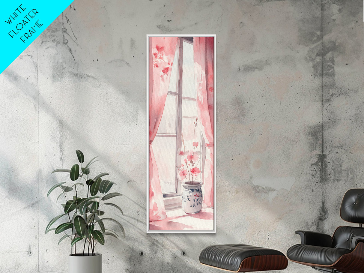 Sunlit Cherry Blossoms by Window Canvas Print, Whimsical Pink Botanical Wall Art, Rustic Aesthetic Decor, Bedroom or Living Room Accent