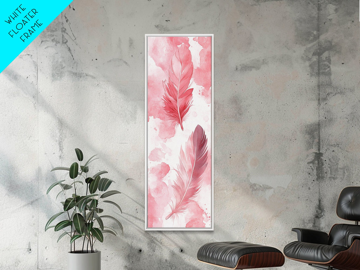 Elegant Feather Art Framed Canvas Print Boho Wabi Sabi Decor Vertical Wall Art Minimalist Feather Design Light Pink Wall Art
