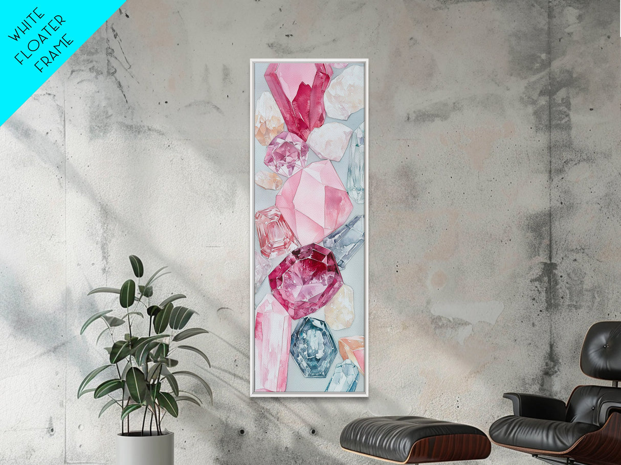 Gemstone Watercolor Painting Framed Canvas Print, Whimsical Pink Abstract Wall Art, Geometric Skinny Vertical Bedroom Art