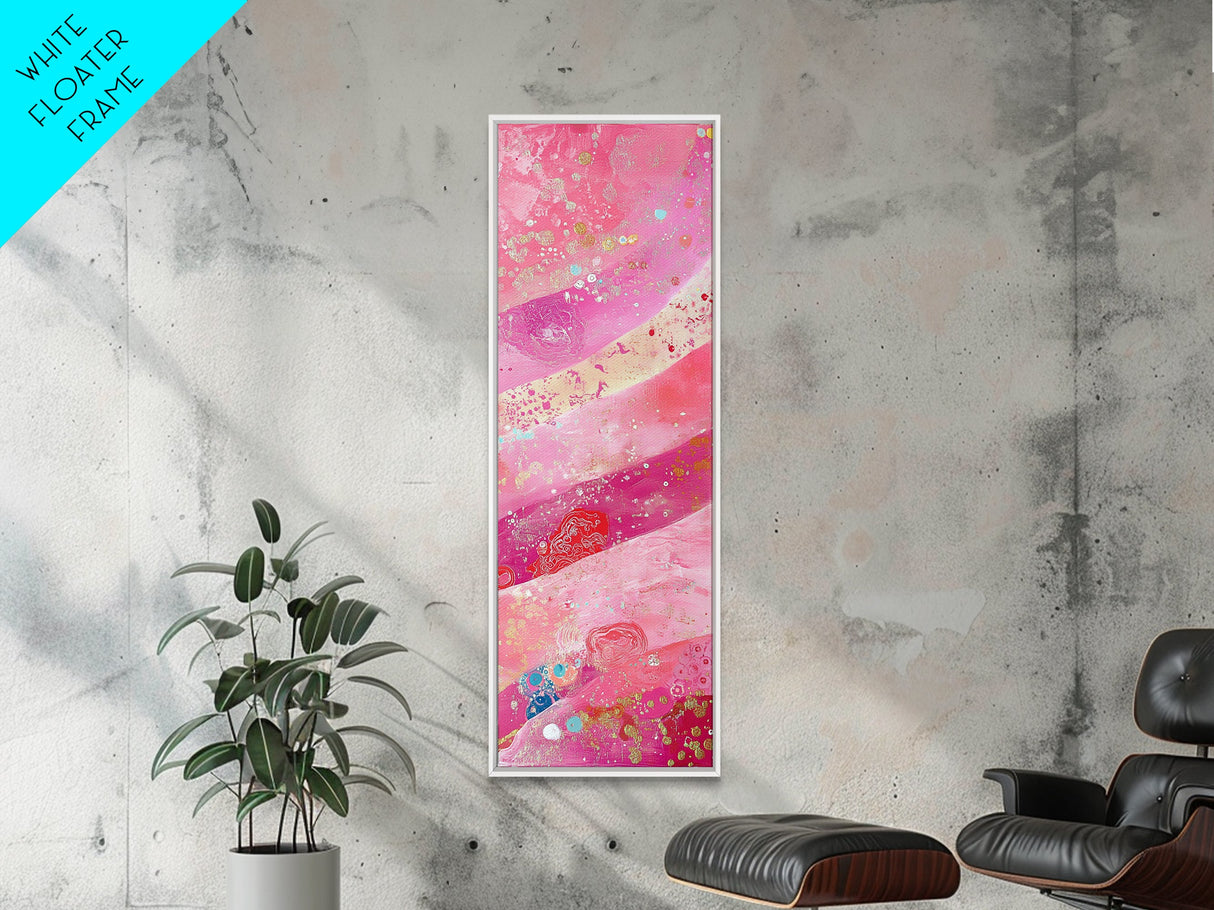 Pink and Gold Abstract Canvas Print, Whimsical Blotter Art with Metallic Accents, Vibrant Vertical Art for Bright and Creative Spaces