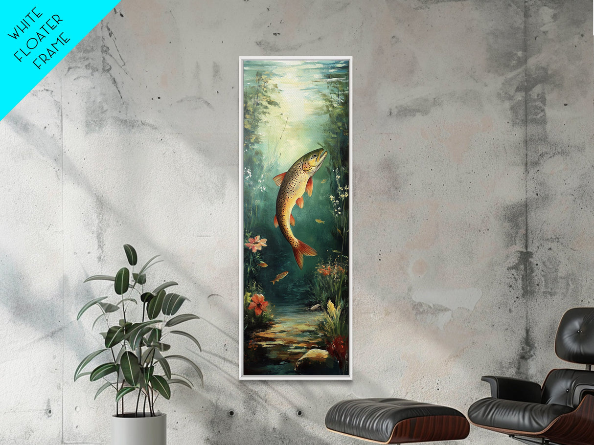 Underwater Trout Scene Canvas Print Rustic Wall Art Fly Fishing Art Wildflower Painting Skinny Art Vertical Rustic Decor