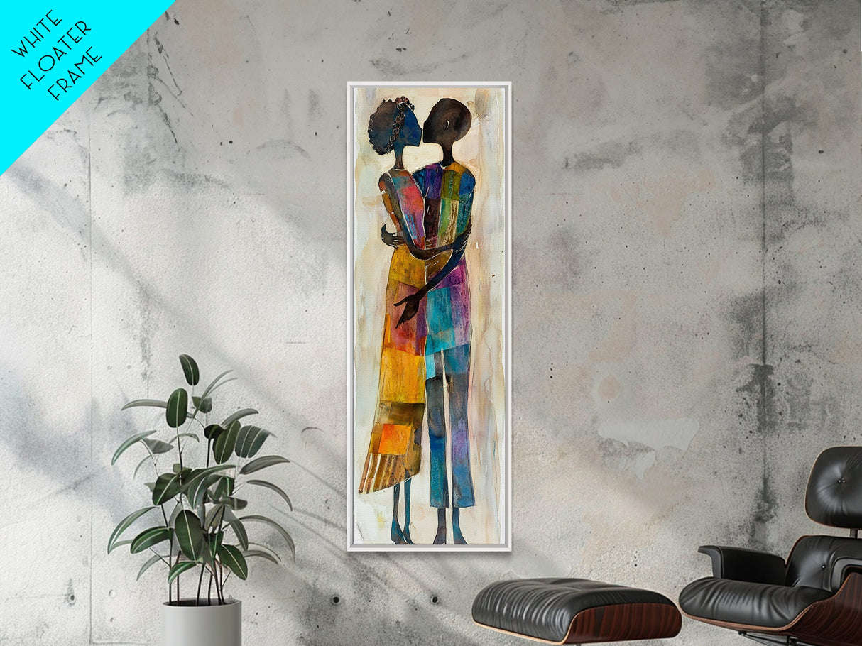 Afrocentric Couple Dancing Framed Canvas Print Colorful Abstract Painting Black Love Home Decor Tall Narrow Art Gift Idea