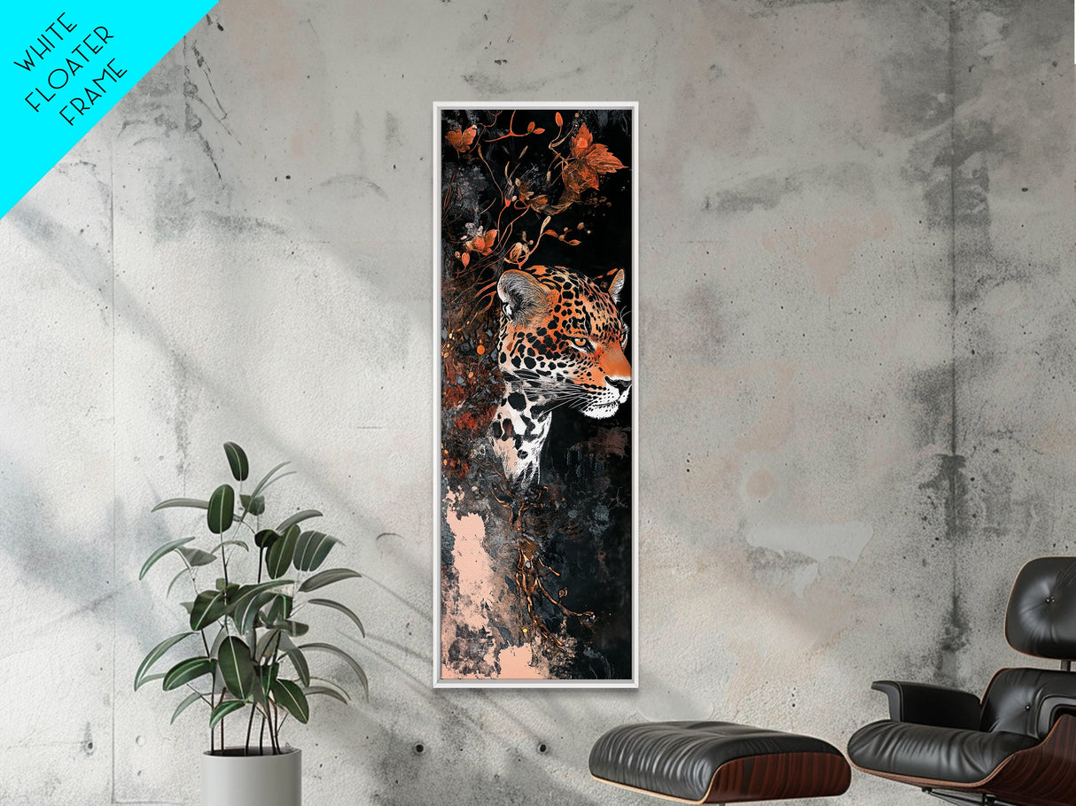 Floral and Leopard Canvas Print with Moody Art Style, Unique Animal Wall Art and Vertical Skinny Art Living Room Decor