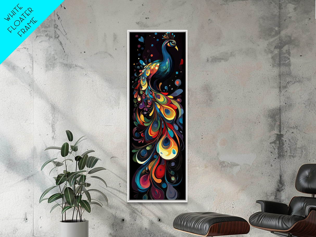 Dynamic Peacock Framed Canvas Print with Swirling Colors, Vibrant Bird Art Perfect Vertical Wall Art and Boho Home Decor Accent