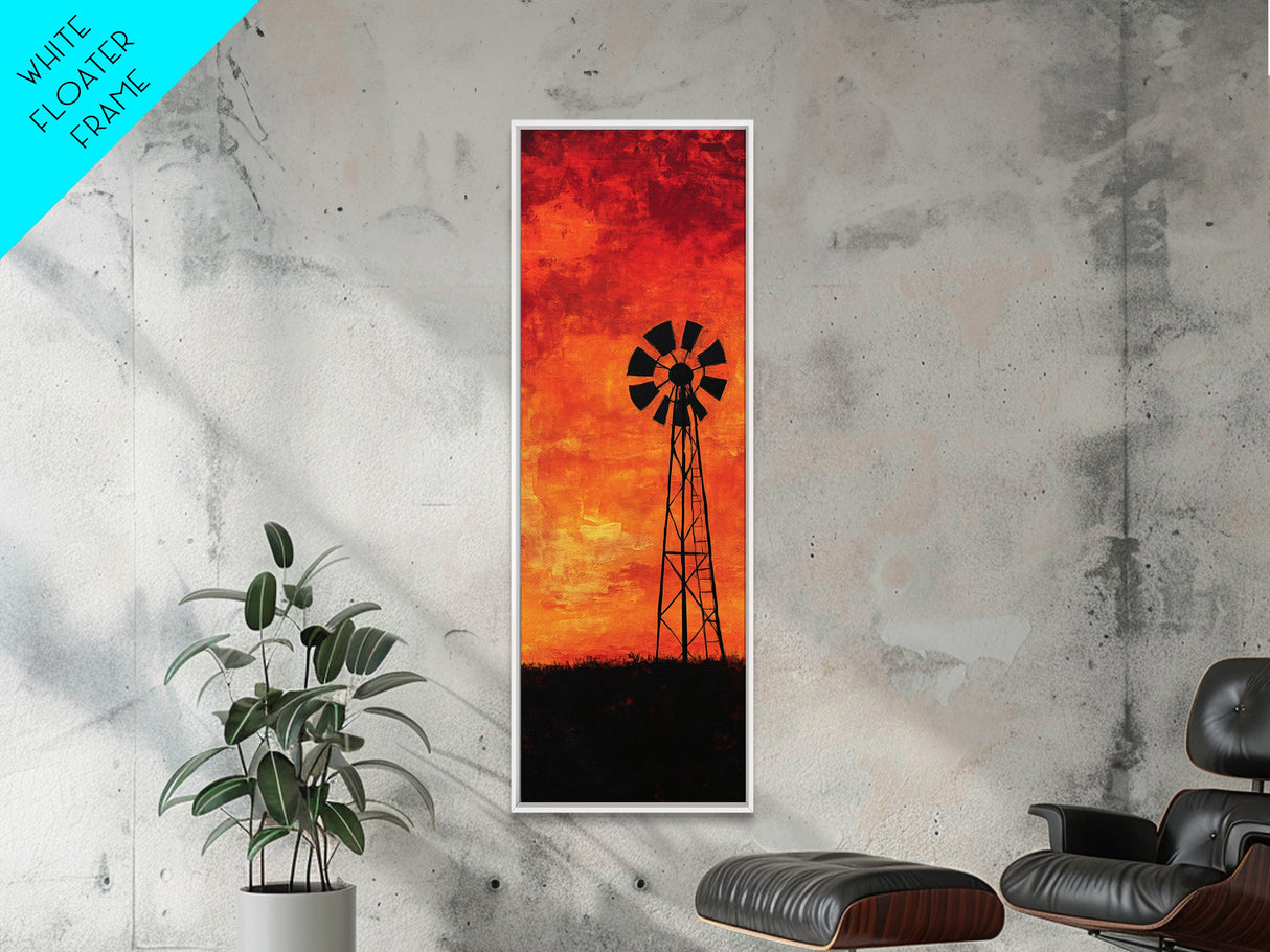 Rustic Windmill Framed Canvas Print, Southwest Farmhouse Decor, Moody Sunset Landscape Wall Art, Vertical Artwork for Bedroom