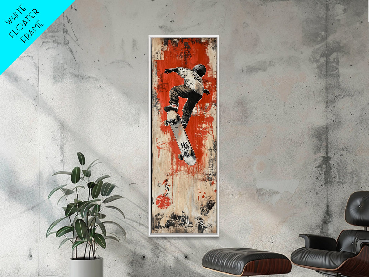 Skateboarder Canvas Print, Red and Black Urban Wall Art, Graffiti Inspired Vertical Artwork, Gift Idea for Living Room or Teen Bedroom