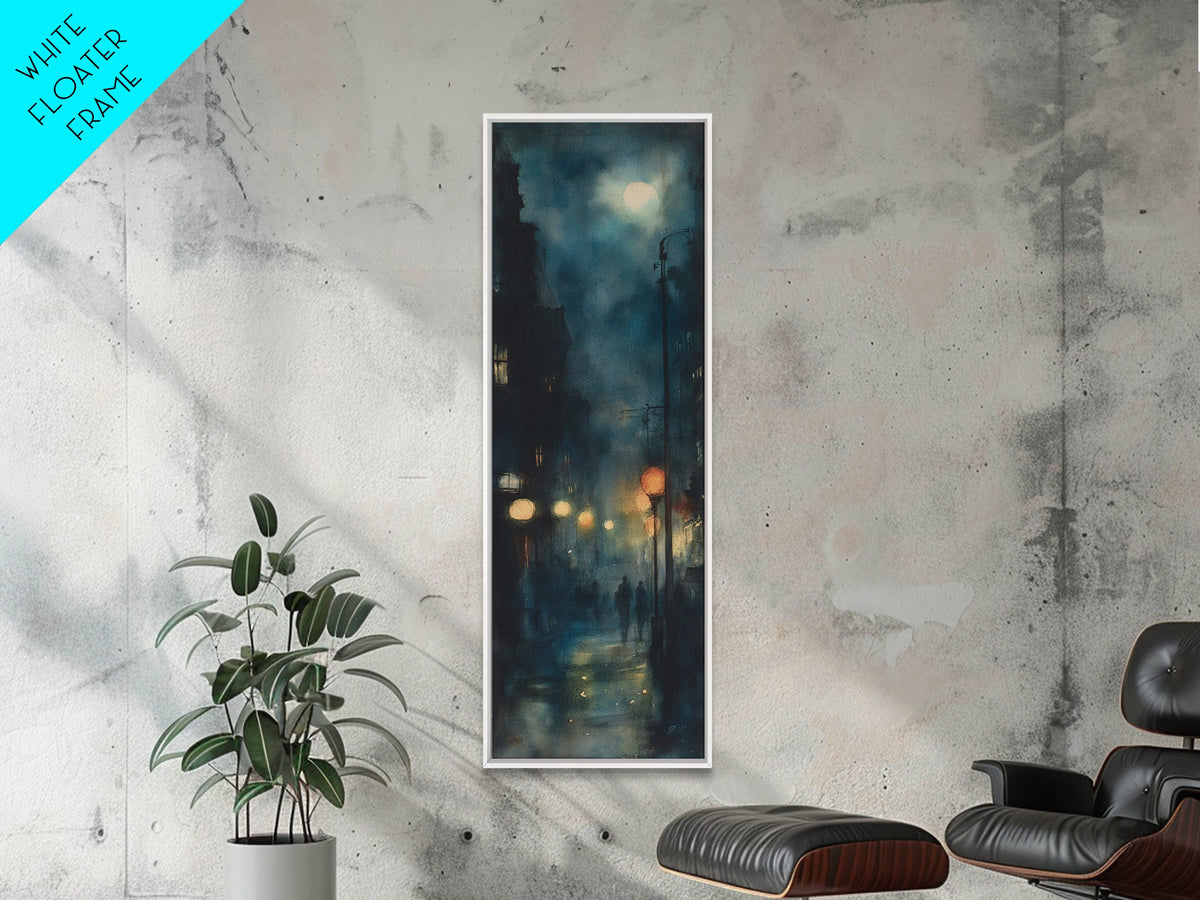 Moody Night Street Scene Framed Canvas Print | Vertical Wall Art | Moody Art | Living Room Art | Gift Idea Him | Urban Nightscape