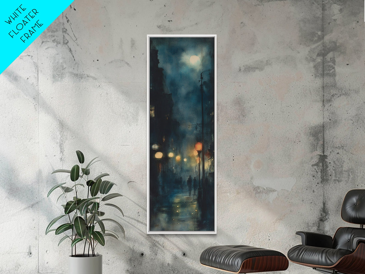 Moody Night Street Scene Framed Canvas Print | Vertical Wall Art | Moody Art | Living Room Art | Gift Idea Him | Urban Nightscape