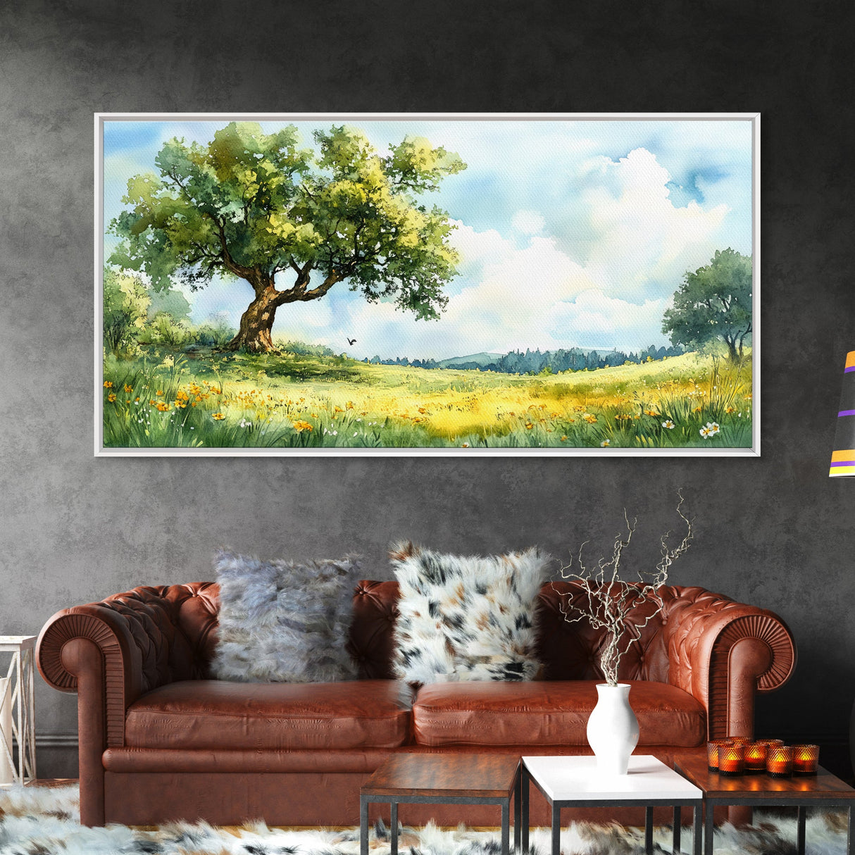 Sunny Meadow Elegance Canvas Print Featuring Oak Tree Art and Wildflower Painting Rustic Decor for Living Room Wall Art