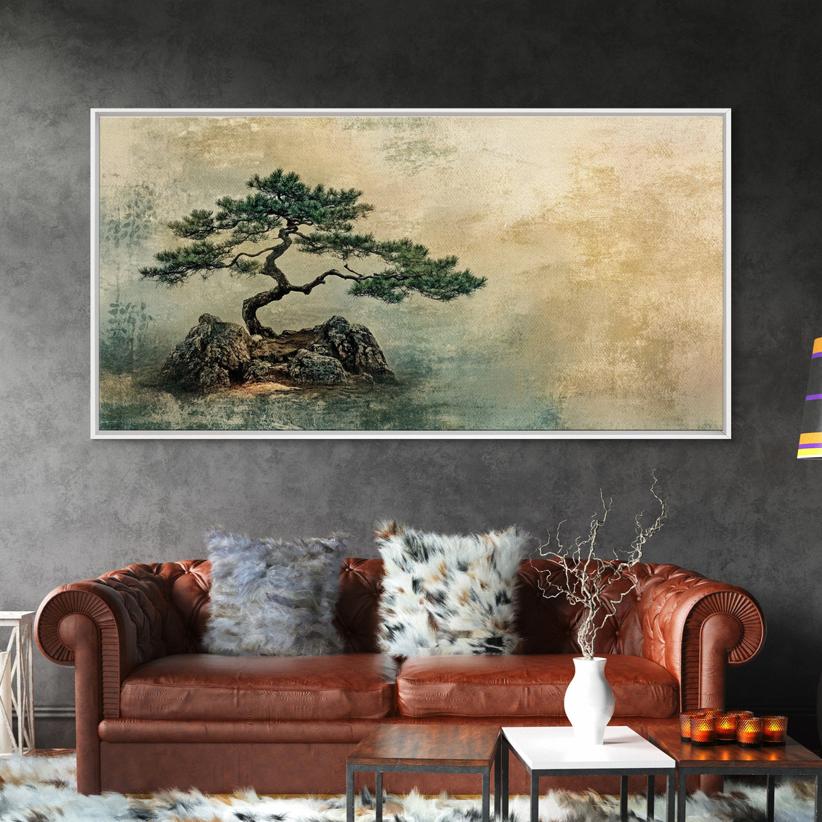 Japanese Pine Tree Art Framed Canvas Print Wabi Sabi Art Minimalist Artwork Rustic Decor Zen Wall Art Living Room Above Sofa Art