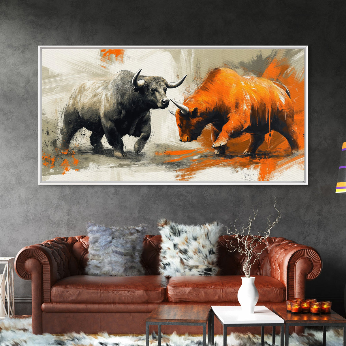 Modern Bull and Bear Framed Canvas Print Bull and Bear Art Gift Idea Financial Market Art Wall Decor Rustic Art Above Sofa Art