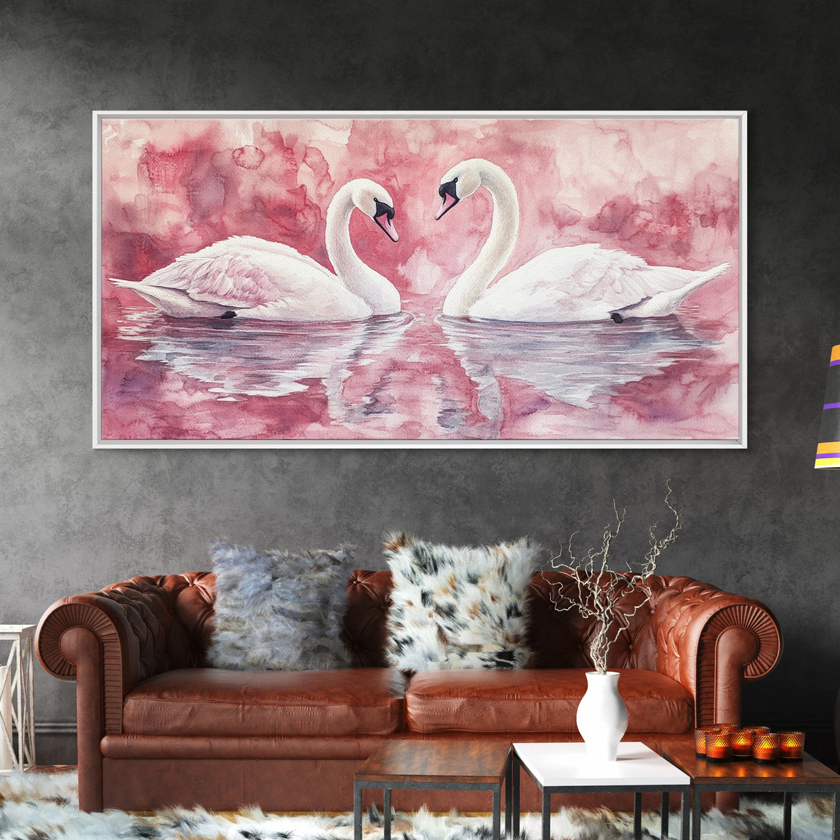 Elegant Swan Painting Framed Canvas Print Featuring Swan Painting and Moody Art Pink Wall Art Bedroom Wall Art Romantic Living Decor