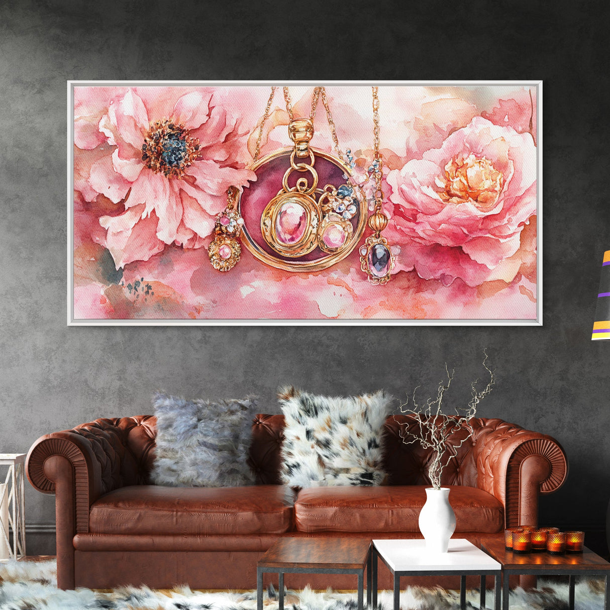 Pink Gemstone Jewelry Canvas Print, Feminine Elegant Artwork, Glamorous Rose Painting, Living Room Wall Art, Unique Decorative Gift