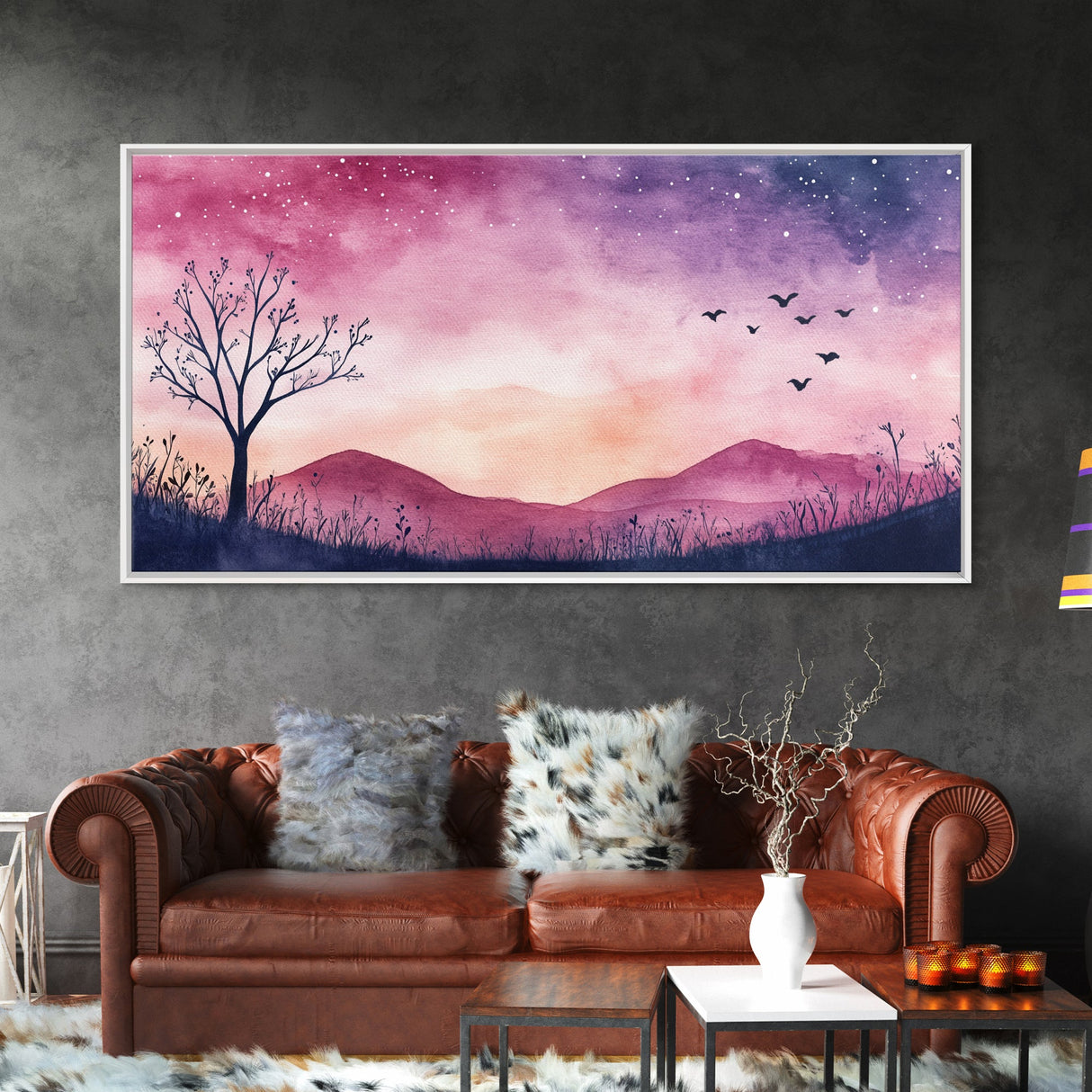 Twilight Meadow Framed Canvas Print, Whimsical Starry Night Art, Moody Nature Painting, Dreamy Purple Landscape, Wall Decor Gift Idea