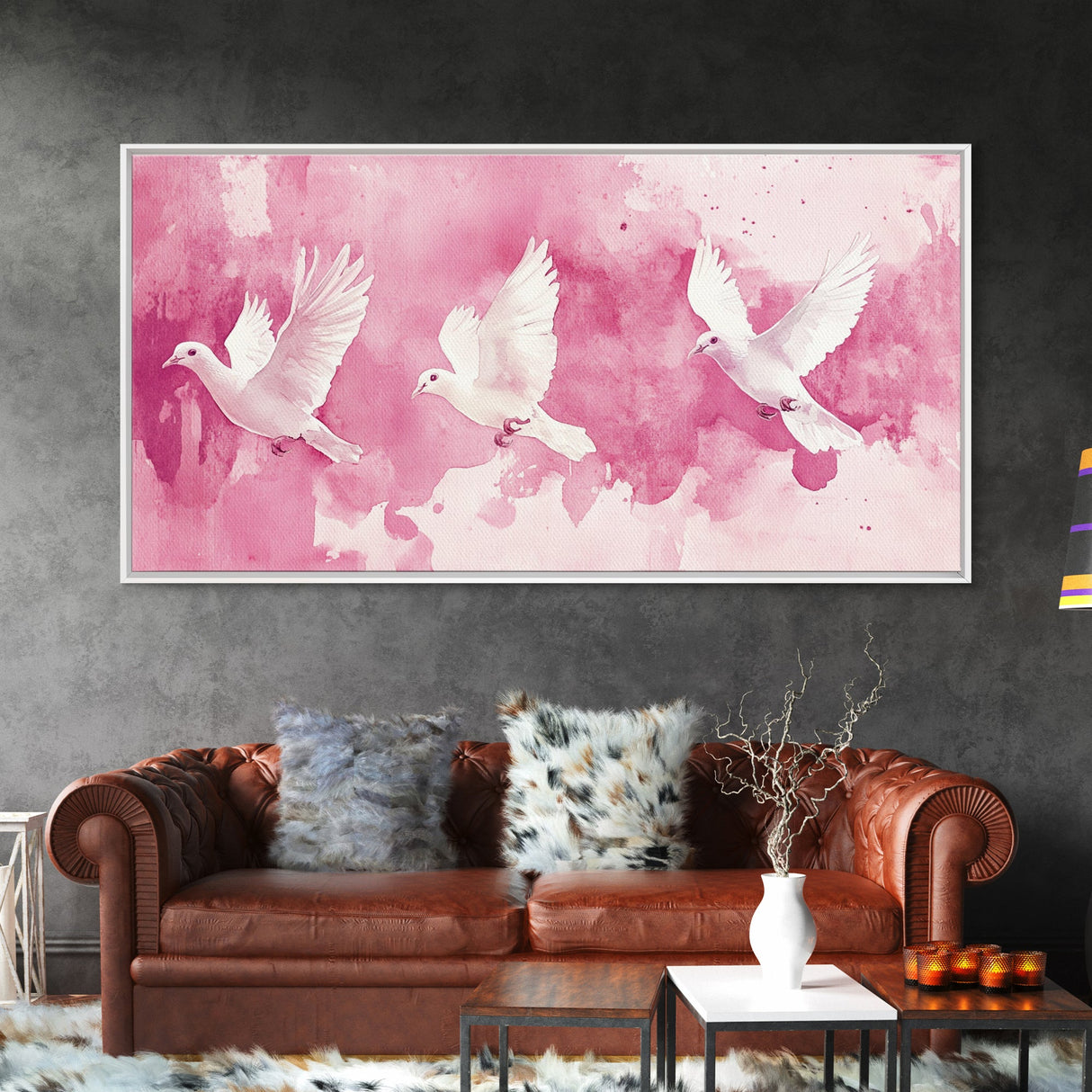 White Dove Flight Canvas Print | Angel Art Prints | Light Pink Wall Art | Minimalist Bird Art | Whimsical Living Room Decor Wall Art