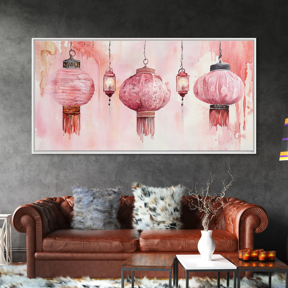 Pink Lanterns Canvas Print Chinoiserie Wall Art Moroccan Wall Art Whimsical Art Living Room Art Rustic Decor Fall Gift Idea
