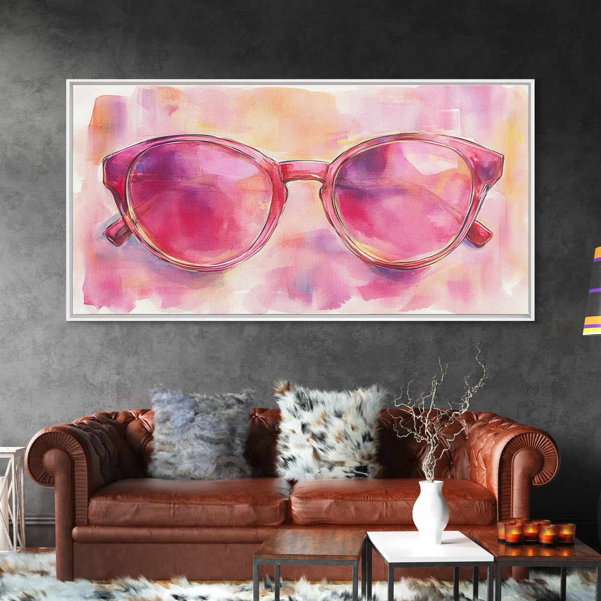 Pink Sunglasses Painting Framed Canvas Print, Whimsical Art Decor, Light Pink Wall Art, Retro Fashion Gift Idea, Original Artwork