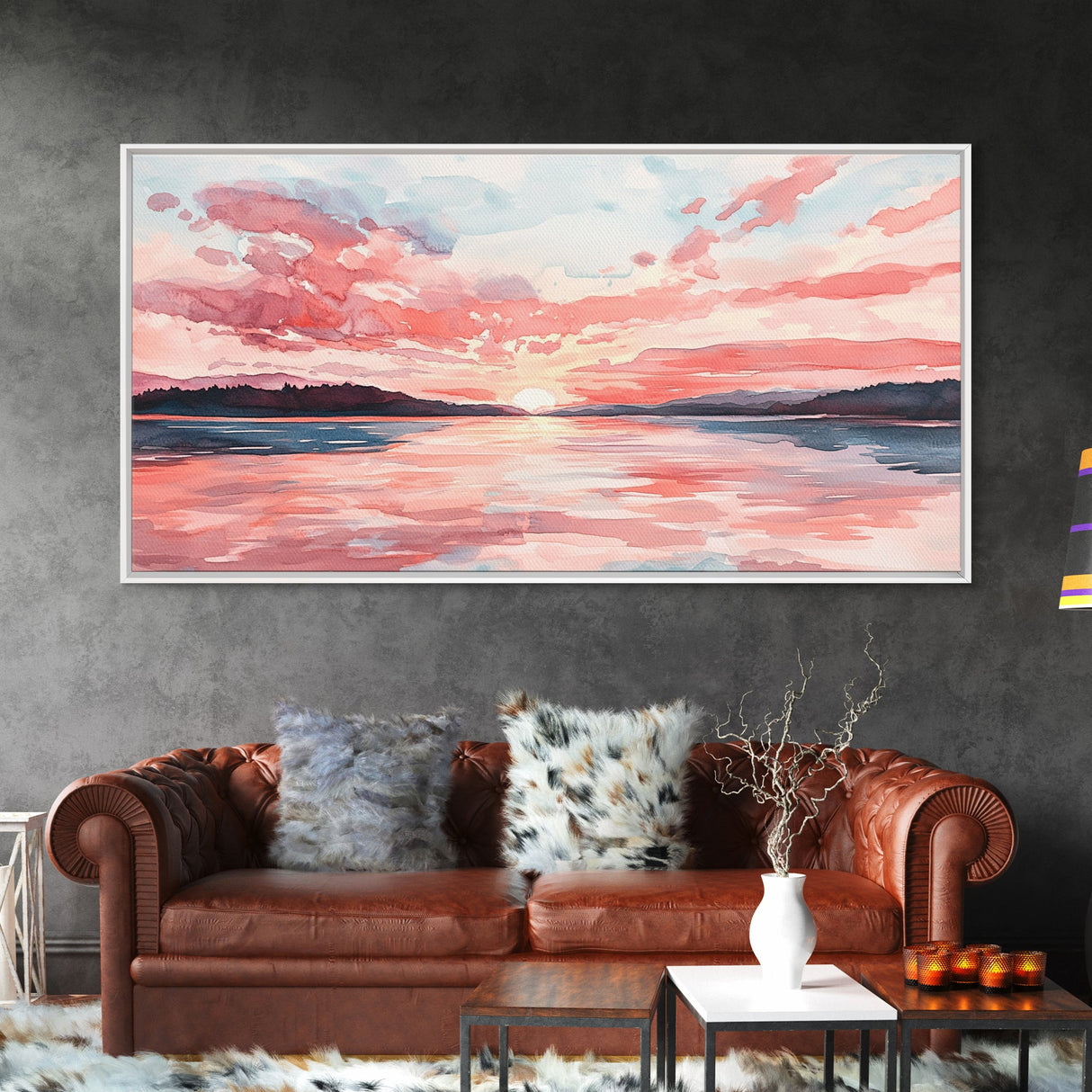 Serene Pink Sunset Canvas Print | Coastal Landscape Art | Nautical Wall Decor | Bedroom Above Bed Art | Horizontal Panoramic Artwork