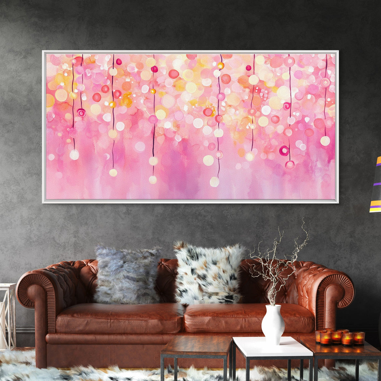 Magical Fairy Light Pink Abstract Canvas Print with Bokeh Lights, Ideal Whimsical Art for Living Room, Vertical Skinny Wall Art