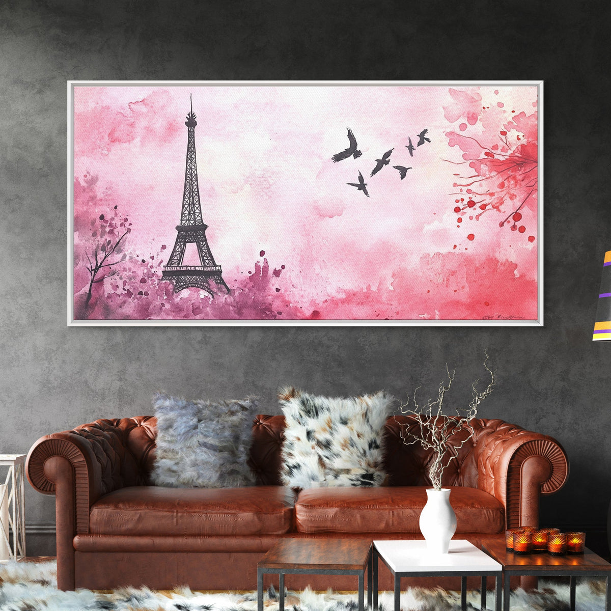 Eiffel Tower and Birds Canvas Print, Parisian Skyline Painting, Romantic Pink Wall Art, Whimsical French Decor, Guest Room Art