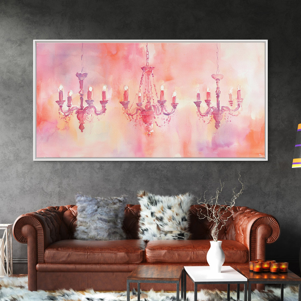 Elegant Chandeliers Canvas Print Romantic Lighting Artwork Pink Orange Wall Art Living Room Aesthetic Rustic Home Decor Artwork